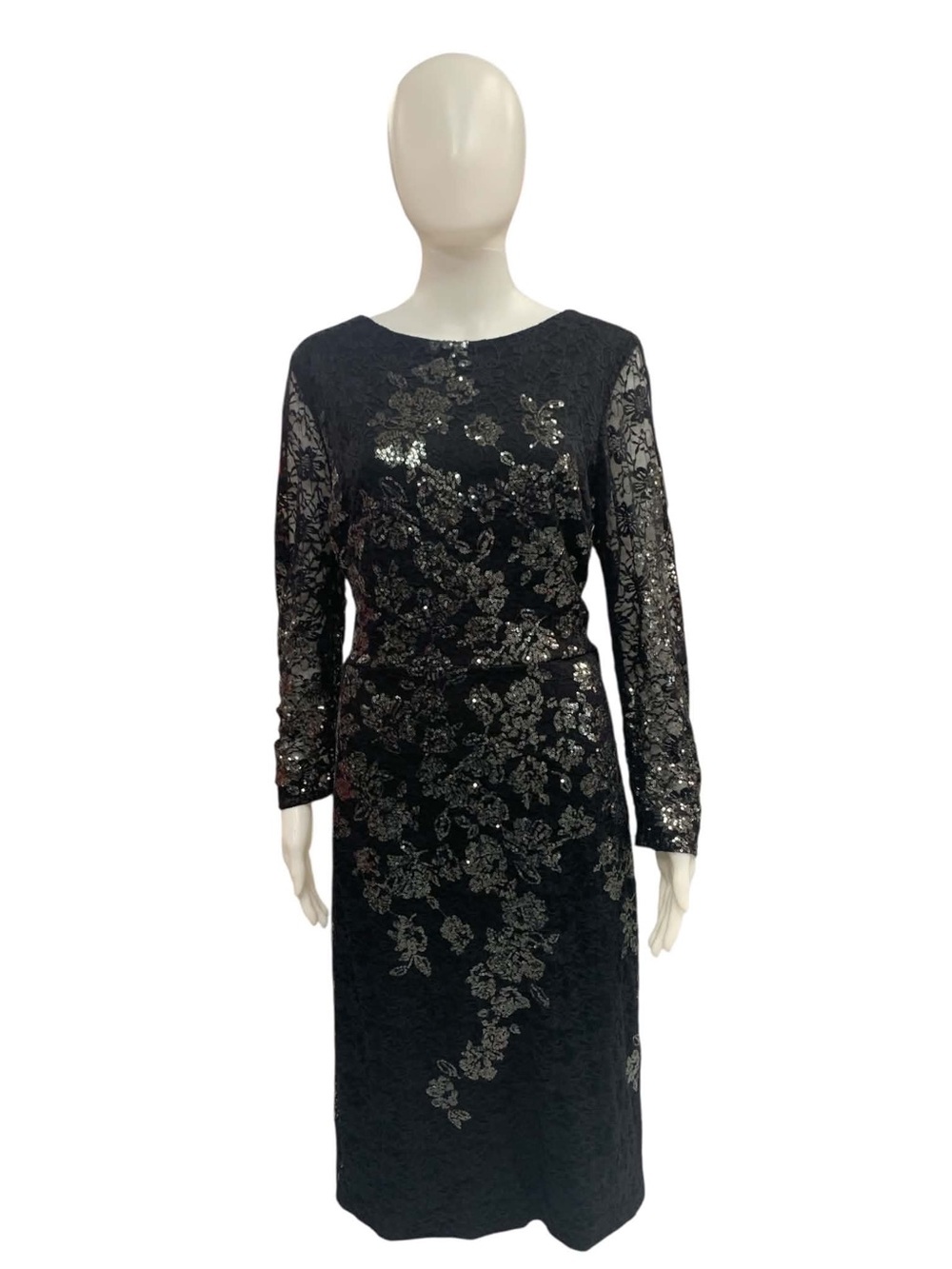 Ba Nites Black Long-Sleeve Lace Dress with Metallic Floral Detail Size L